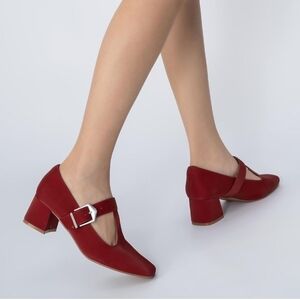 New Red Block Heel Mary Jane Shoes